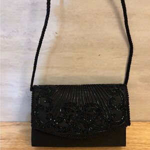 Vintage La Regale Chic Black Beaded Clutch With A Crossbody Strap